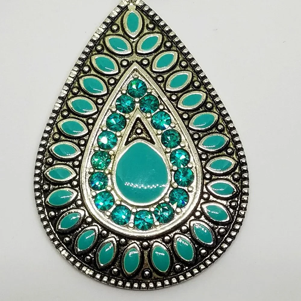 Turquoise Blue Rhinestone & Enamel Accent Silver Teardrop Southwest SW Necklace